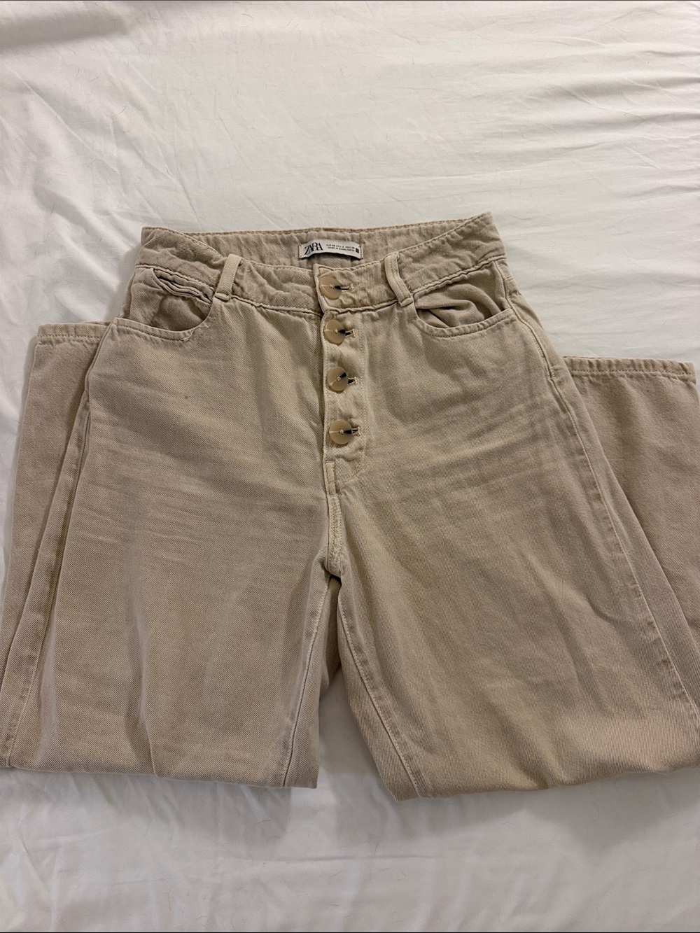 ZARA Button-Fly High-Rise Cropped Jeans in Light Beige